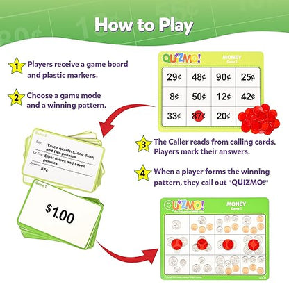 QUIZMO Money - Bingo-Style Money Game - 2 Levels of Difficulty for Ages 7-12 - Teach Basic Coin Recognition and Valuation