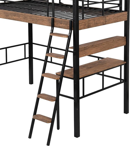 Metal Twin Size Loft Bed with Built-in Desk,Storage Shelf and Ladder,Full-Length Guardrails and Secured Metal Slats, High LoftBed W/Large Storage Space for Kids Teens Adults Bedroom,Black