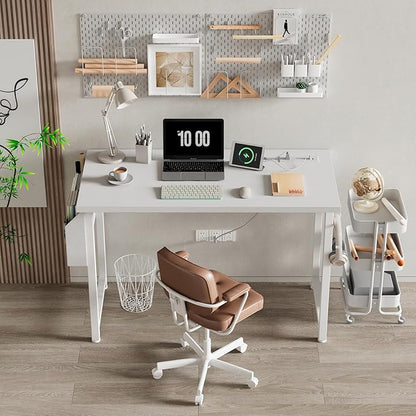 Lufeiya White Computer Desk with Power Outlet, 40 inch Simple Teen Study Table Home Office Work Writing Desks with Charging Station Outlets USB Port Built in, Storage Pocket，White