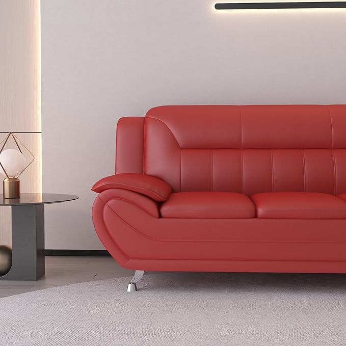 Container Furniture Direct Michael Modern Faux Leather Upholstered Stainless Steel Legs Living Room Sofa, Loveseat, Red