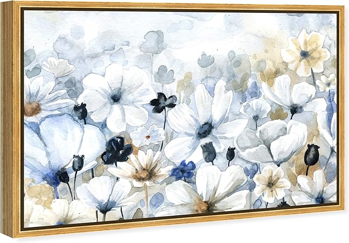 The Oliver Gal Artist Co. Floral and Botanical Wall Art Framed Canvas Prints 'Fields Flowers Home Décor, 24" x 16", Blue, White