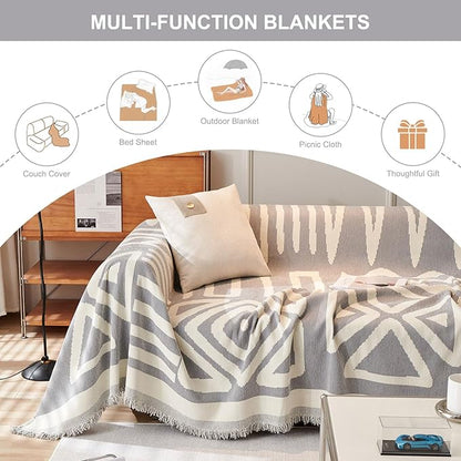 STACYPIK Boho Geometric Sofa Cover Chenille Gray White Cream Triangle Couch Cover for Dog Anti Slip Couch Protector for 3 Cushion Couch Reversible Furniture Covers L Shape Cover for Sectional-91X134IN