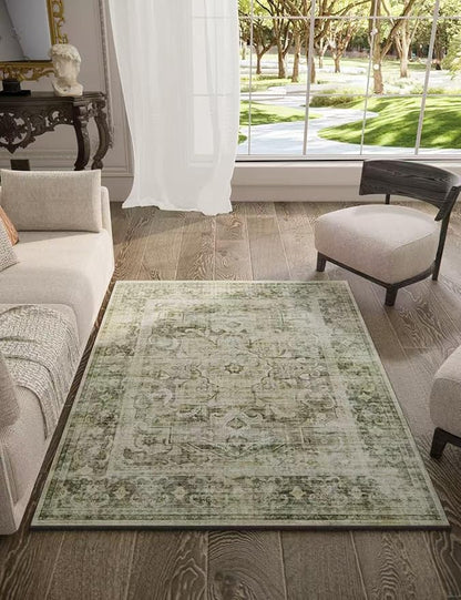 Washable Boho Area Rugs for Bedroom: 3'x5' Entry Rug Stain Resistant Tribal Distressed Accent Rug Non Slip Low Pile Soft Small Carpets for Entryway Living Room Bedside Kitchen Office Foyer Entrance