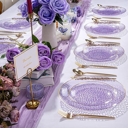 Rubtlamp 100Pcs Purple Gold Plastic Dessert Plates, 7" Purple Disposable Appetizer Plates With Gold Rim, Heavy-duty Party Salad Plates, Hammered Plastic Clear Dessert Plates for Wedding