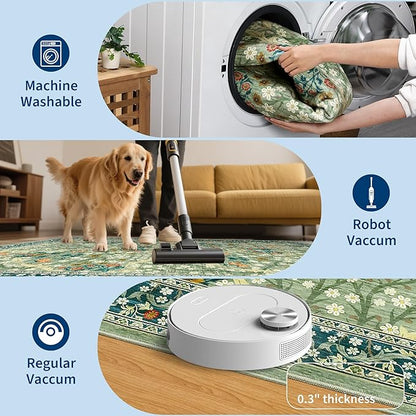 GarveeHome Floral 3x5 Area Rugs for Entryway, Washable Kitchen Rug Non Slip, Low Pile Bedroom Rug, Ultra Soft Stain Resistant Small Carpet for Laundry Room, Sage Green