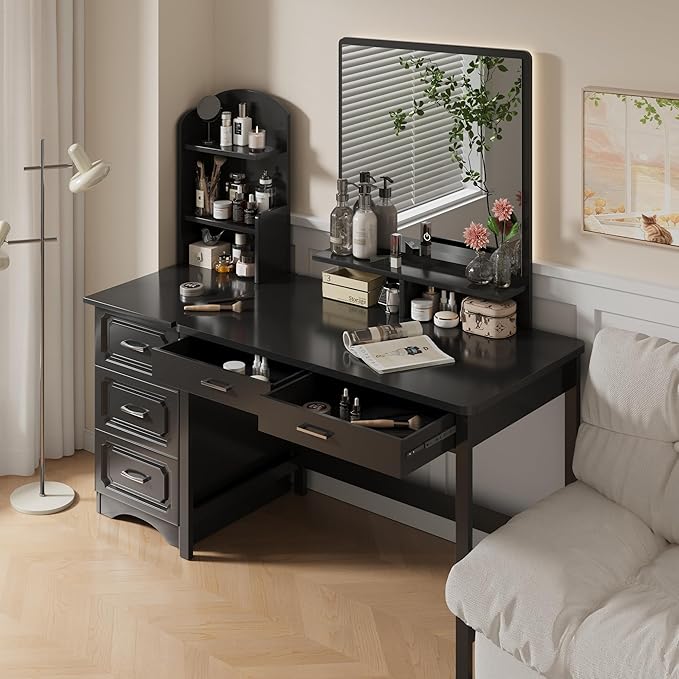 4NM 39.4" Small Desk with Wood Drawers, Home Office Computer Desk with Wooden Legs, Study Writing Table Vanity Desk for Small Spaces - Black