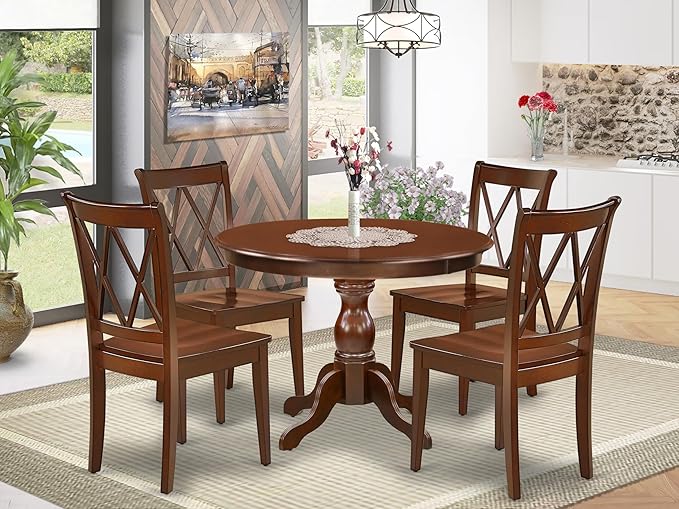 East West Furniture HBCL5-MAH-W 5 Piece Dining Room Furniture Set Includes a Round Kitchen Table with Pedestal and 4 Dining Chairs, 42x42 Inch, Mahogany