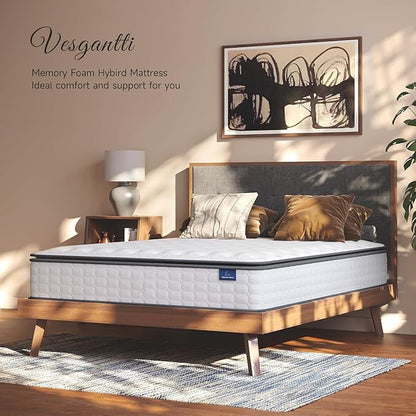 Vesgantti Full Size Mattress, 12 Inch Hybrid Full Mattress in a Box, Pillow Top Double Bed Mattresses, Gel Memory Foam and Pocket Coils Innerspring Mattresses, Pressure Relief, Medium Firm Plush Feel