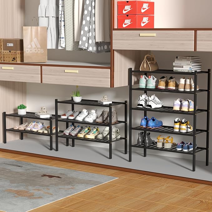 4 Tier Bamboo Shoe Rack for Closet Free Standing Wood Shoe Shelf for Entryway Small Space Stackable 27"x11"x26" (Black)