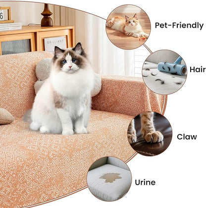 STACYPIK Boho Large Sofa Cover for Pets, Orange Geometric Couch Cover for 2 Cushion Sofa, Washable Dogs Protector for Living Room Anti-Slip Sectional Covers for Loveseat Tassel Throw Blanket-71X118IN