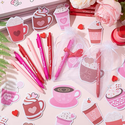 Xqumoi Valentine’s Day Coffee Cup Sticky Notes with Pen Gift Set - 24 Set Heart Self Sticky Writing Memo Pads Ballpoint Pens with Mesh Bag Party Favors Wedding School Classroom Rewards Office Supplies