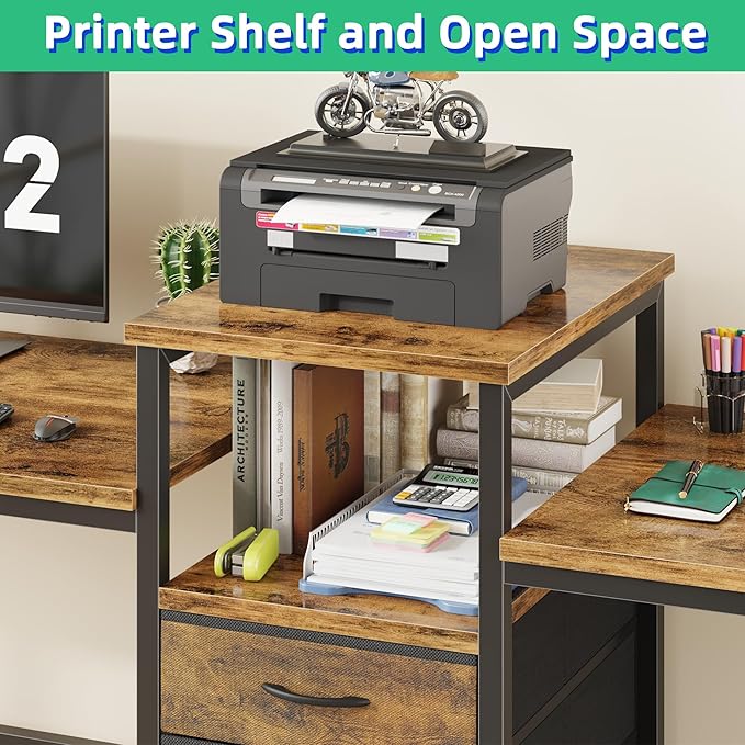 93'' Two Person Desk with Charging Station, Long Desk with 3 Fabric Drawers and Printer Shelf, Double Computer Desk, 2 Person Writing Study Table Workstation for Home Office, Rustic Brown