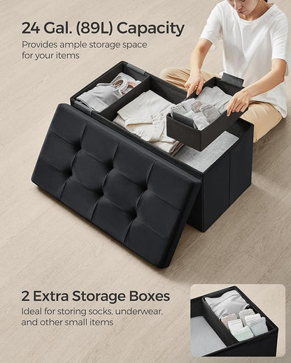 SONGMICS Mazie Collection - Storage Ottoman Bench, Foldable Foot Rest, 15 x 30 x 15 Inches, End of Bed Bench, Storage Chest, Load 660 lb, Living Room, Bedroom, Entryway, Ink Black ULSF247B01