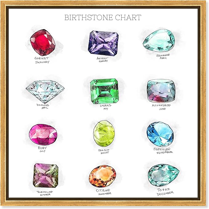 Oliver Gal Birthstone Chart Canvas Print Wall Art for Living Room, Bedroom, and Bathroom, 16" x 16", Gold Floater Frame