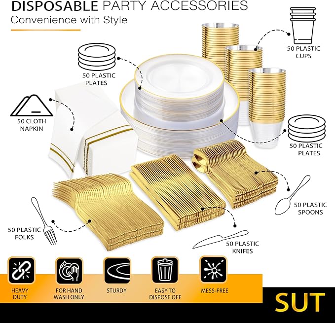 SUT 350Pcs Plastic Dinnerware Set for 50 Guests, Clear and Gold Plastic Plates, Disposable Plates and Napkins Party Supplies, Gold Silverware, Plates, Cups and Napkins Sets for Party Weddings