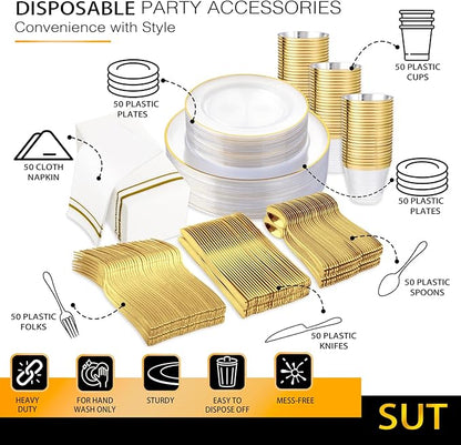 SUT 350Pcs Plastic Dinnerware Set for 50 Guests, Clear and Gold Plastic Plates, Disposable Plates and Napkins Party Supplies, Gold Silverware, Plates, Cups and Napkins Sets for Party Weddings