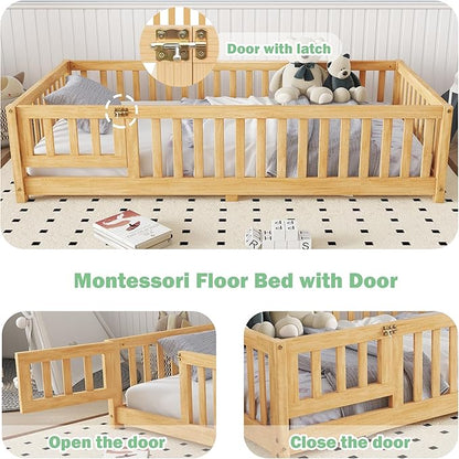 Twin Floor Bed Frame with Slats and Safety Guardrail, Wood Twin Size Montessori Floor Bed with Door and Fence, Easy Assemble Montessori Beds for Kids, Girls, Boys, Natural