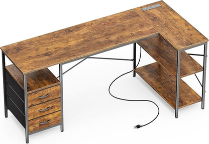 Huuger L Shaped Desk with Power Outlets, 63 Inch Reversible Computer Desk with 3 Drawers and Shelves, Home Office Table for Corner Work Study Writing Gaming, Rustic Brown