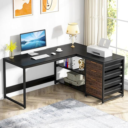 Tribesigns L Shaped Computer Desk with Storage Drawers, 59 inch Corner Desk with Shelves, Reversible L-Shaped Office Desk Study Writing Table Workstation for Home Office, Black