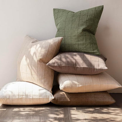 Foindtower Set of 2 Decorative Linen Check Throw Pillow Covers Neutral Farmhouse Vintage Cushion Covers Modern Boho Home Decor for Sofa Chair Couch Bedroom Living Room Outdoor,20×20 Inch,Sage Green