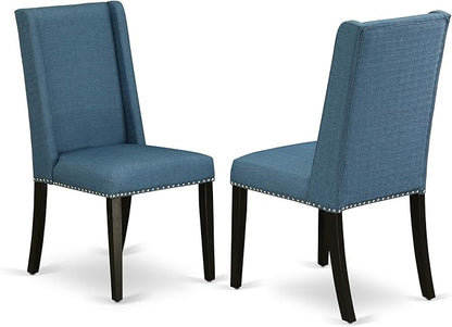 East West Furniture NOFL3-BLK-21 3 Piece Modern Dining Table Set Contains a Rectangle Wooden Table with Butterfly Leaf and 2 Blue Linen Fabric Upholstered Chairs, 32x54 Inch, Black