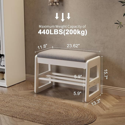 AQIMUELE Small Shoe Rack Bench,2 Tiers Shoe Bench with Storage with Flip-Top,Wood Shoe Rack for Entryway,Hallway（White Upholstered Seat）