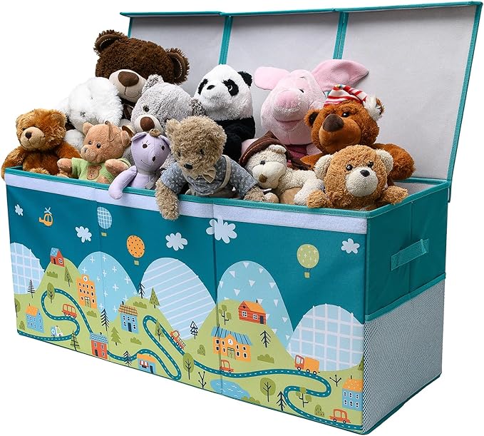 Extra Large Toy Storage Organizer with Lid - Sturdy, Collapsible Toy Chest Storage Box with Cute Design - Toys Bin with Dividers for Kids, Boys, Girls, Nursery, Bedroom, Play room 37"x16"x14"