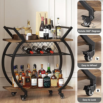 LVB Industrial Kitchen Bar Cart, Farmhouse Beverage Serving Liquor Cart with Wheels, Wood and Metal Rolling Wine Cart with Storage Shelf, Microwave Drink Cart for Home Living Dining Room, Rustic Brown