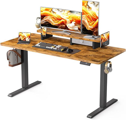 55x24 Inches Electric Standing Desk with Drawer and Monitor Stand, Height Adjustable Stand up Desk for Home Office, Ergonomic Sit to Stand Desk with Phone Holder, 3 Hooks, Rustic Brown