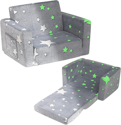 ALIMORDEN 2-in-1 Toddler Fold Out Couch, Comfy Convertible Sofa to Lounger, Glow-in-The-Dark Star Pattern Foam Seat for Little Ones with Removable Washable Cover