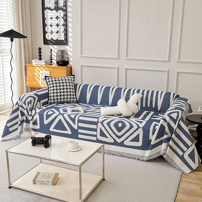 STACYPIK Thick Boho Couch Covers for Dog Cat, Modern Blue Triangle Sofa Cover for Living Room, Reversible Furniture Protector for 3 Cushion Couch, Anti Slip Jacquard Loveseat Covers for Sofa-71X118IN