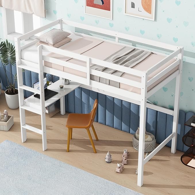 HomSof Twin Loft Bed with Built-in Desk,White