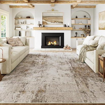 10x12 Washable Area Rug Brown Grey Abstract Neutral Living Room Bedroom Large Throw Rug Non Slip Soft Distressed Low Pile Indoor Floor Carpet for Kitchen Office Entryway