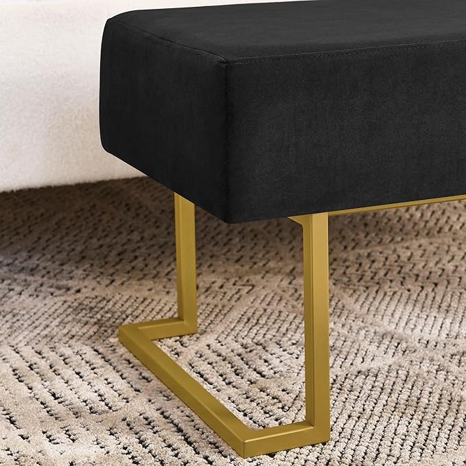 Modern Style Bedroom Double Seat Bench, Cushioned Bed end Stool, Living Room Sofa Stool, Footstool with Golden Iron Legs, Suitable for Bedroom and Living Room (Black, 39.37"x15.74"X16.53")