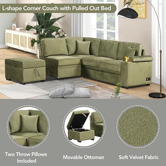 Ball & Cast Sleeper Sofa Bed L Shaped Couch with Storage Ottoman,Pull-Out Sectional Sofa Couch w/Cup Holder and Charging Stations,for Living Room and Small Apartment,Green