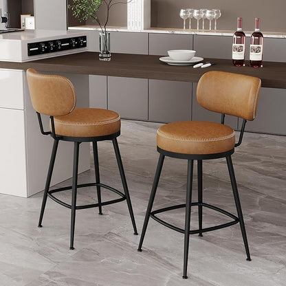 Counter Height Bar Stools, 26" H Swivel Barstools Set of 6, Faux Leather Kitchen Counter Stools with Back and Stylish Stitching, Metal Frame, Pub, Home Bar, Whisky Brown