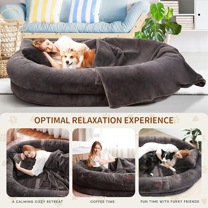 Human Dog Bed for Adult Kids, 70"x33"x12" Washable Faux Fur Human Size Dog Bed for People Doze Off, Dark Grey