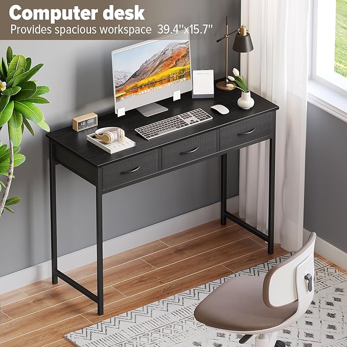 WOHOMO Computer Desk with Drawers, 39.3 Inch Bedroom Desk with Storage, Home Office Desk for Room Spaces, Modern Work Writing Study Tables, Black