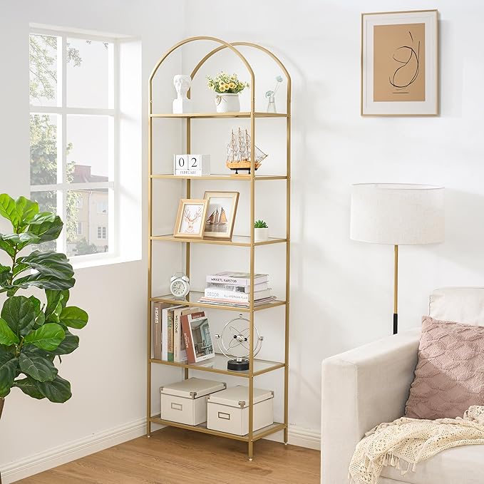Homhedy Bookshelf Arched Display Racks,Metal Bookcase,Tempered Glass Shelves,Storage Rack Shelf for Home Office,Living Room,Bedroom, Bathroom,Modern Style (Golden, 11.8" D x 23.6" W x 73.6" H)