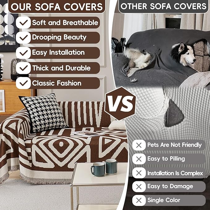 STACYPIK Sofa Covers Decorative, Boho Couch Cover for Sectional, Chocolate Sofa Protector for 3 Cushion Couch, Multi-Use Sofa Cover for Dogs with Tassles, Washable Sofa Slipcover for Loveseat-71X134IN