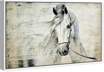 Country Farmhouse Canvas Print Painting Animal Wall Art 'Southern White Horse' White Framed Canvas Rustic Home Décor 45x30 in Gray, Brown by Oliver Gal