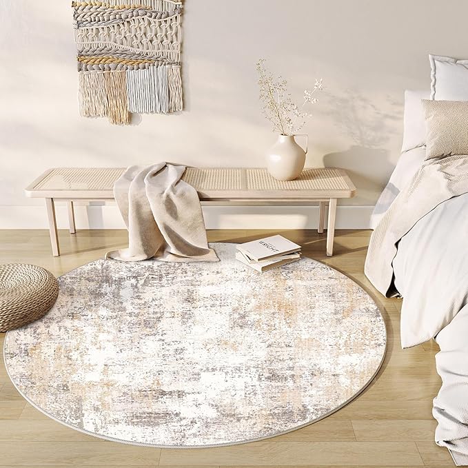 6x6 Washable Round Rug Beige Grey Neutral Abstract Living Room Bedroom Area Rug Non Slip Soft Low Pile Indoor Floor Carpet for Office Dining Room Kitchen Entryway