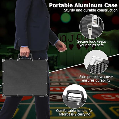 GYMAX Poker Chips Set, 300 PCS Texas Hold 'em Casino Chip Set w/Carrying Case, 6 Decks of Cards, 5 Dices & 3 Dealer Buttons, Poker Felt, Card Shuffler, Card Shoe, for Blackjack Gambling