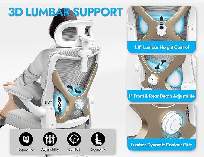 Ergonomic Office Chair - X-Shaped Computer Desk Chair Comfy, Gaming Chair, Office Chair with Lumbar Support, Mesh Office Chairs with Headrests, Desk Chair for Long Hours (Grey Gold)