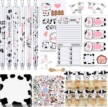 Crtin 69 Pcs Cute Sticky Notes Set,Cartoon Pen, Stickers, Paperclip, Sticky Memos Office & Party Favors(Cow)