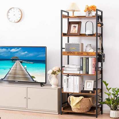 HCHQHS Adjustable 6 Tier Open Bookcase, Rustic Farmhouse Book Shelves, Industrial Wood and Black Metal Bookshelves, Mid Century Bookcase for Home Office Living Room Bedroom