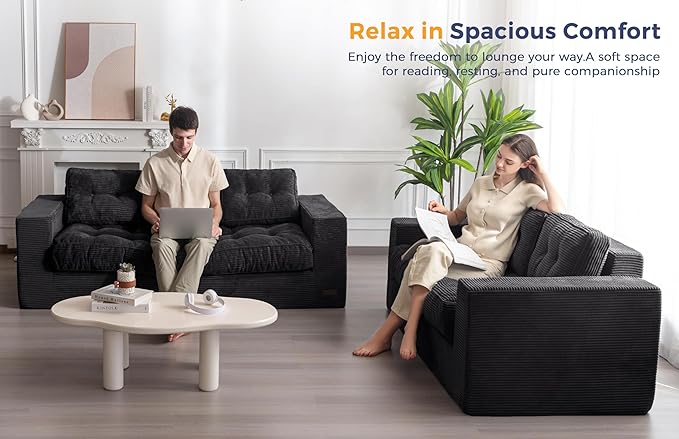 MAXYOYO 3 Seater Couch for Living Room, Boneless Couch with Tufted Cushion & Backrest, Upholstered Floor Sofa with Armrests, Sofa in A Box, No Assembly Required, Black