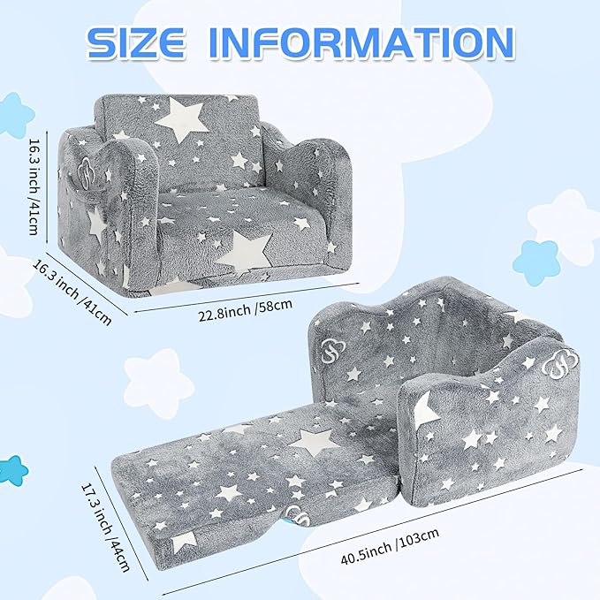 Kids Couch for Toddlers, 2-in-1 Kids Sofa Toddler Couch Chair Glow in The Dark, Comfy Soft Foldable Kid Chair for Girls and Boys