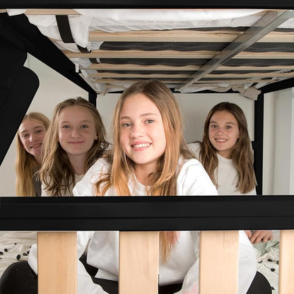 Max & Lily Bunk Bed, Scandinavian Modern Bunk Bed, Solid Wood Twin Over Full Bed Frame for Kids, No Box Spring Needed, Black/Blonde