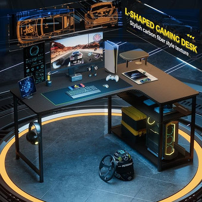 GTRACING L Shaped Gaming Desk, Carbon Fiber Style Computer Desk Compatible with Monitor Arm Storage Shelves Corner Desk Gaming Table for Home Office Desks Easy to Assemble Adjustable Shelf Height